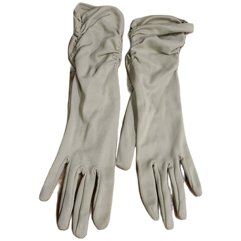 Vintage OSFA Green Stretch Nylon Formal 12" Long Gloves Ruched Scrunch Arm